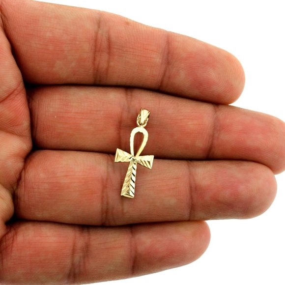 Real 10K Yellow Gold Diamond Cut  Ankh Cross Pendant - Picture 1 of 6